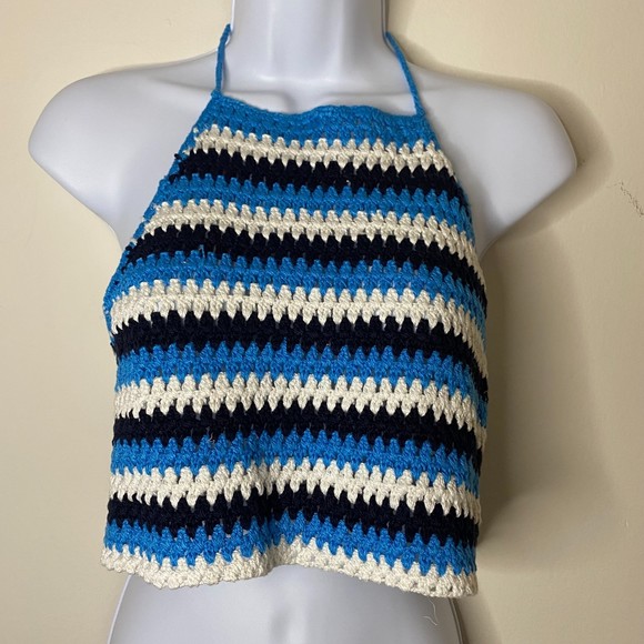 NWT BP.Crochet Halter Crop Top In Women's L Blue-Black Ziggy Stripe - Picture 2 of 4